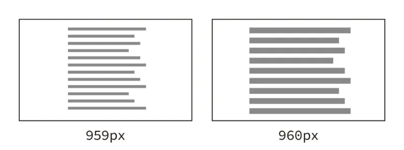 959pxと960pxの2つのビューポート幅におけるレイアウトを並べた図。1pxの違いでレイアウトが大きく変化することを示している