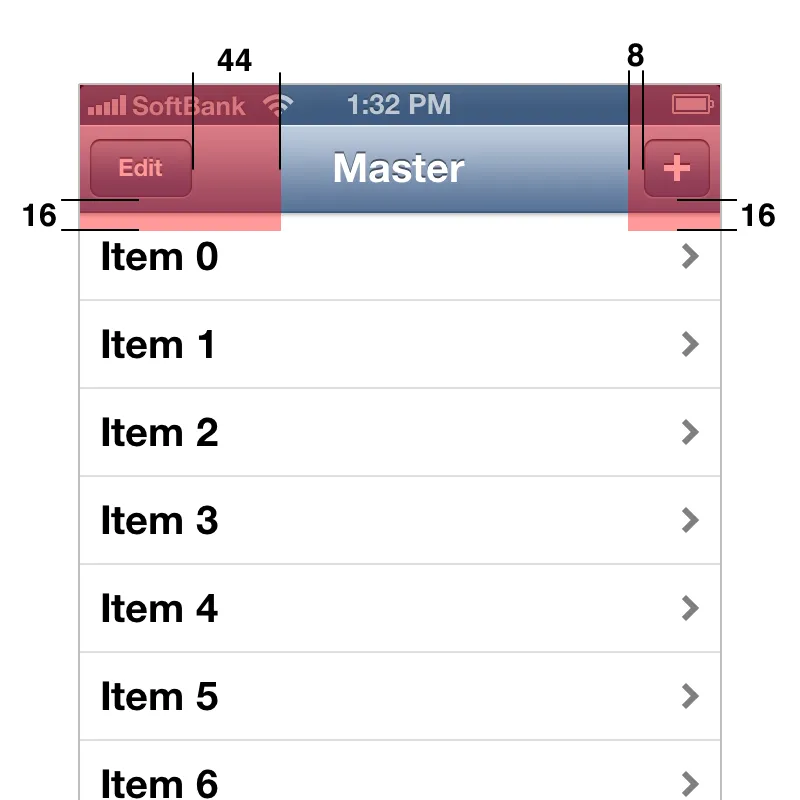 ナビゲーションバーの左側のEditボタンと右側の+ボタンには、その見た目よりも大きなターゲットエリアが設定されている