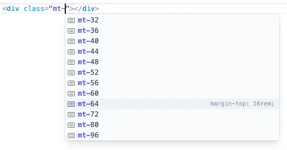エディタでmt-クラスを入力中にサジェストが表示されている様子。mt-32、mt-36、mt-40、mt-44、mt-48、mt-52、mt-56、mt-60、mt-64、mt-72、mt-80、mt-96といった候補が縦に並ぶ