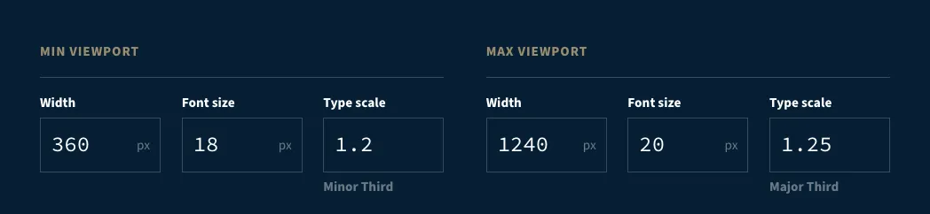 タイプスケール計算機の入力フォーム。Width、Font size、Typeの3つのフィールドが、左右に配置されている。左側はmin viewport、右側はmax viewport